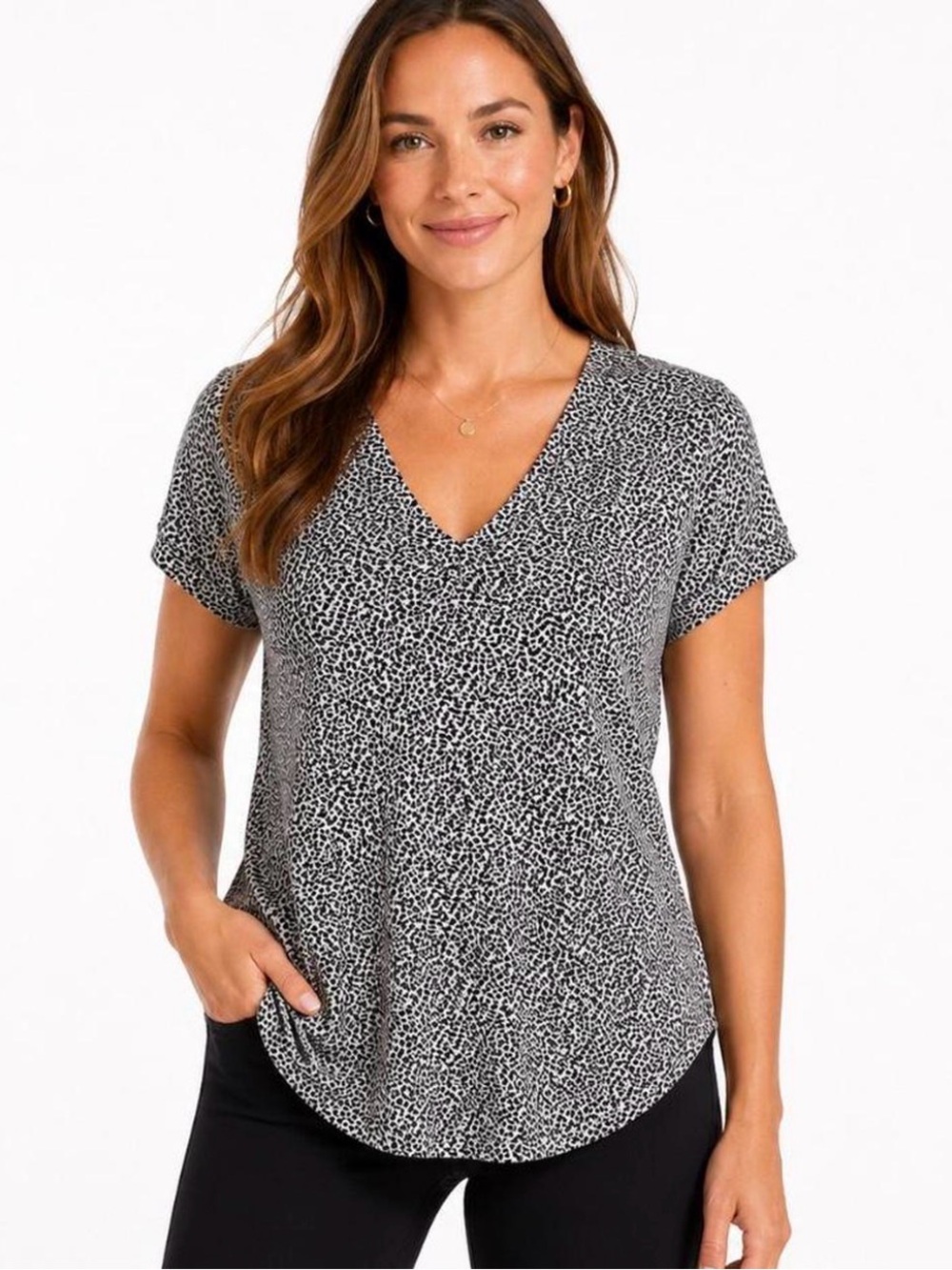 Athleta Black and White Speckle V-Neck Short Sleeve Tee -0144